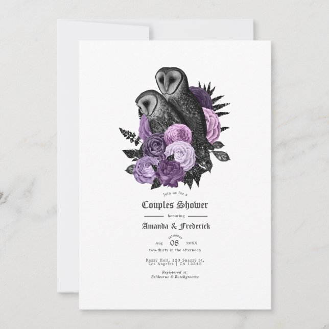 Invitation Mariage Glamour Vintage Hiboux Violets pour Couple (Devant)