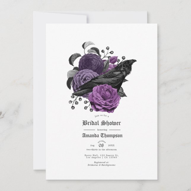 Invitation Mariage Glamour Violet Corbeau Gothique Enterremen (Devant)