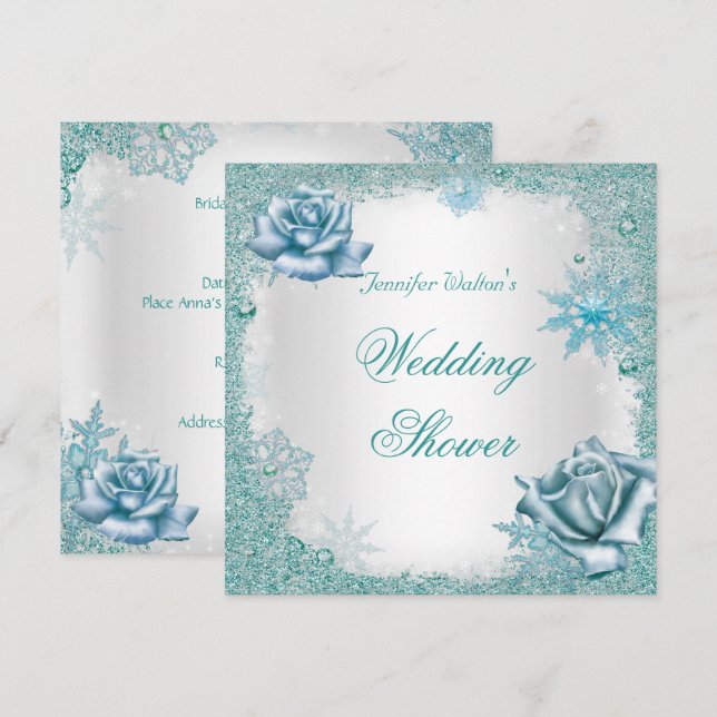 Invitation Mariage Glitter Turquoise Blanc Roses (Devant / Derrière)