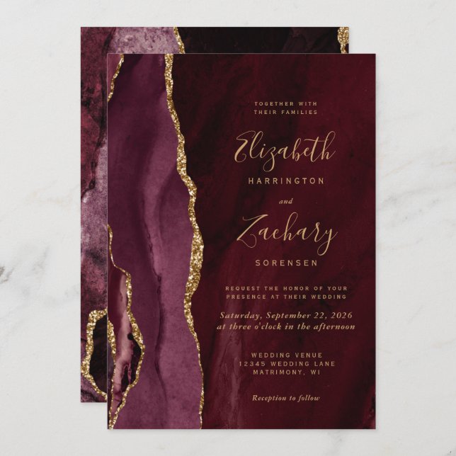 Invitation Mariage Gold Agate de Bourgogne (Devant / Derrière)