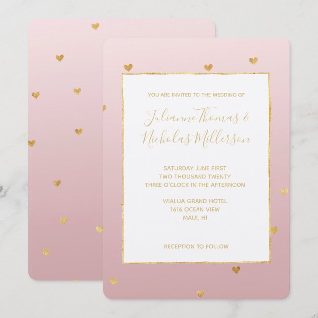 Invitation Mariage Gold Blush Pink Ombre Hearts (Devant / Derrière)