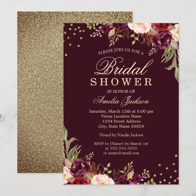 Invitation Mariage Gold Burgundy floral Sparkle (Devant / Derrière)
