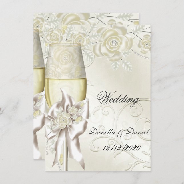 Invitation Mariage Gold Cream Pearl Floral Roses 2 (Devant / Derrière)
