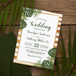 Invitation Mariage Gold Foil & Green Palm Leaf Beach