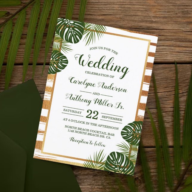 Invitation Mariage Gold Foil & Green Palm Leaf Beach (Créateur téléchargé)