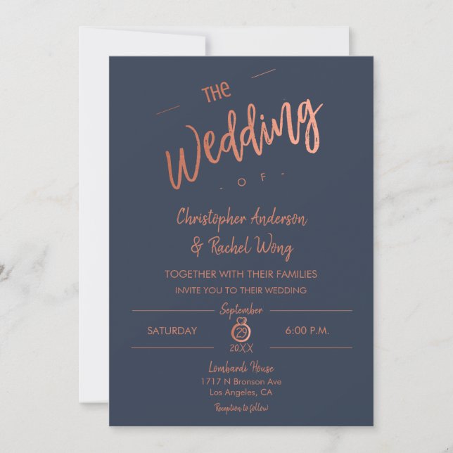 Invitation Mariage Gold Foil Rose de script simple Custom Nav (Devant)