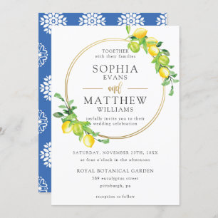 Invitation Mariage Gold Frame Lemons Azure Summer Greenery
