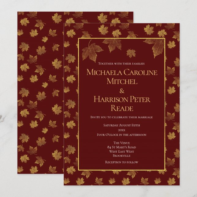 Invitation Mariage Gold Leaf Burgundy Marsala (Devant / Derrière)
