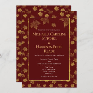 Invitation Mariage Gold Leaf Burgundy Marsala