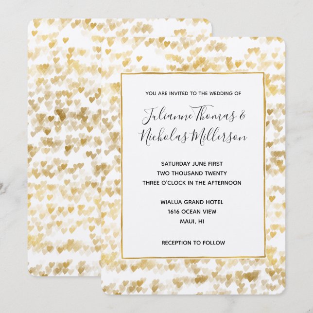 Invitation Mariage Gold White Hearts (Devant / Derrière)