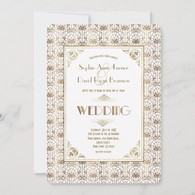 Invitation Mariage | Gold White Roaring 20s Art Déco (Devant)