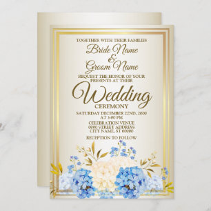Invitation Mariage Golden Blue Jaune Floral Frame Rustique