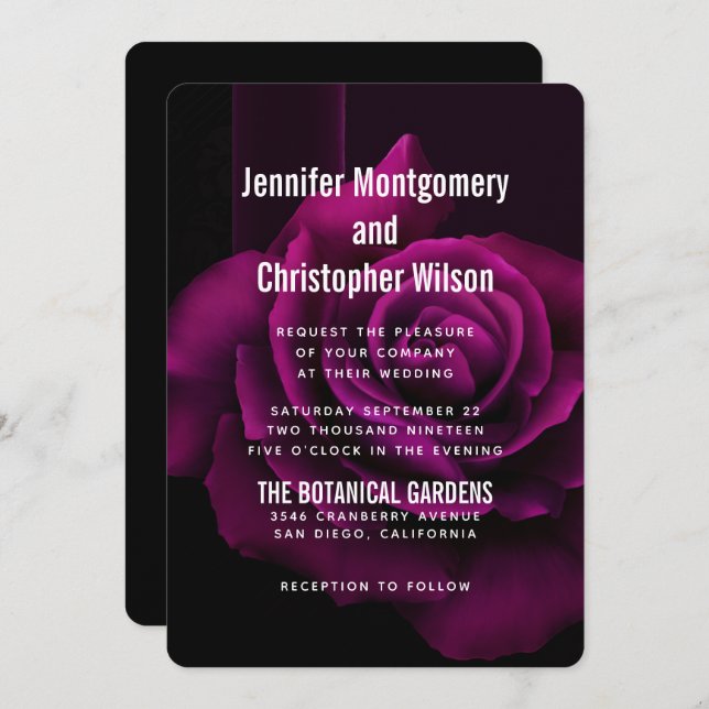 Invitation Mariage gothique à fleurs violettes-rouges (Devant / Derrière)