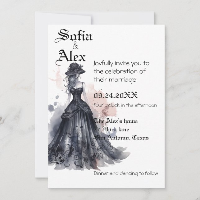 Invitation Mariage gothique aquarelle florale noir  (Devant)