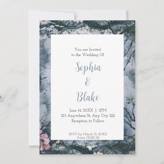 Invitation Mariage gothique aquarelle gris bleu (Devant)