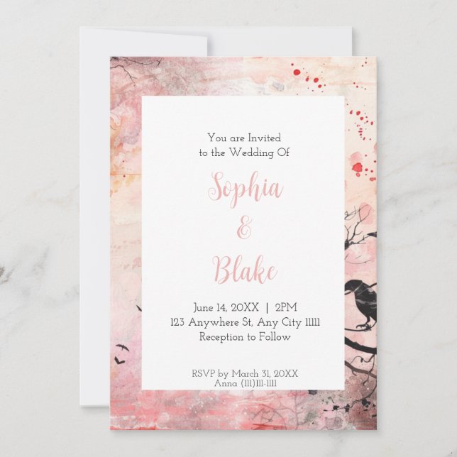 Invitation Mariage gothique aquarelle rose et orange (Devant)