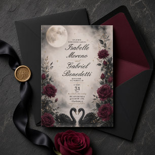 Invitation Mariage gothique au cygne noir éclairé par la lune