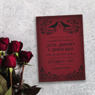 Invitation Mariage gothique au monogramme corbeau noir rouge