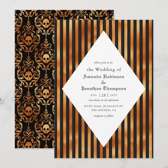 Invitation Mariage gothique aux crânes noirs et cuivrés (Devant / Derrière)