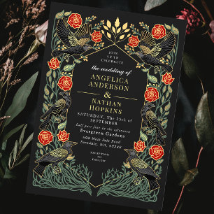 Invitation Mariage gothique aux roses de corbeau enchanté