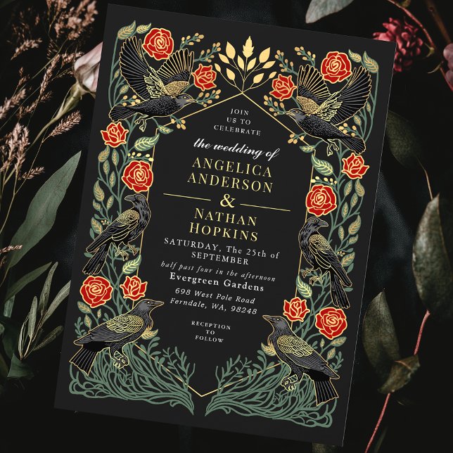 Invitation Mariage gothique aux roses de corbeau enchanté (Créateur téléchargé)