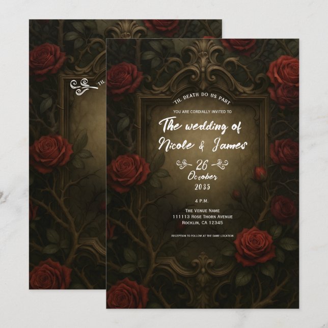 Invitation Mariage gothique baroque Roses rouges Épine cramoi (Devant / Derrière)
