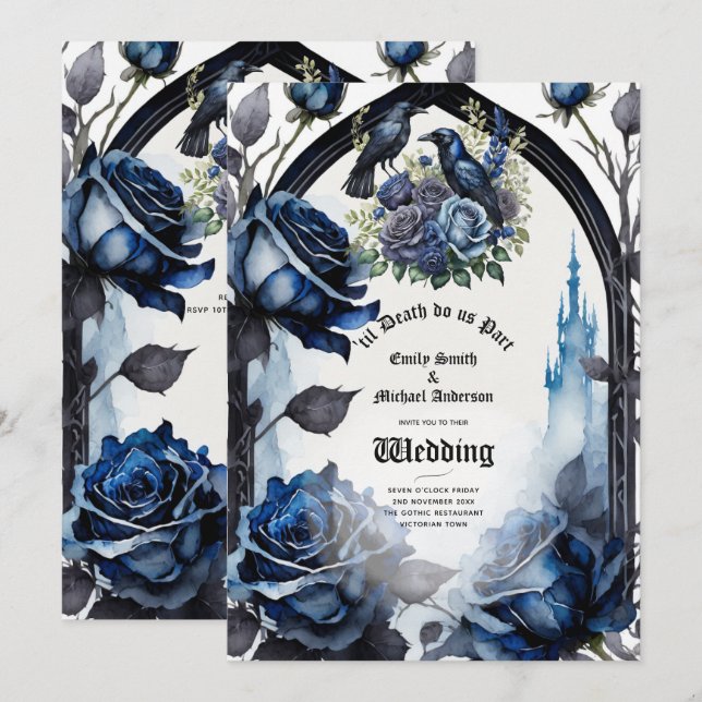 Invitation Mariage gothique Bleu noir Roses Ravens (Devant / Derrière)