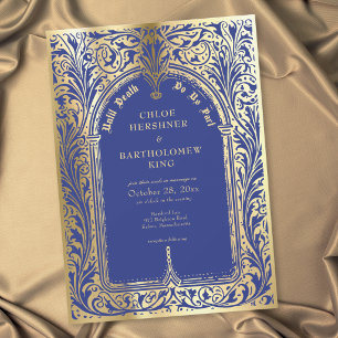 Invitation Mariage gothique bleu or médiéval jusqu'à la mort