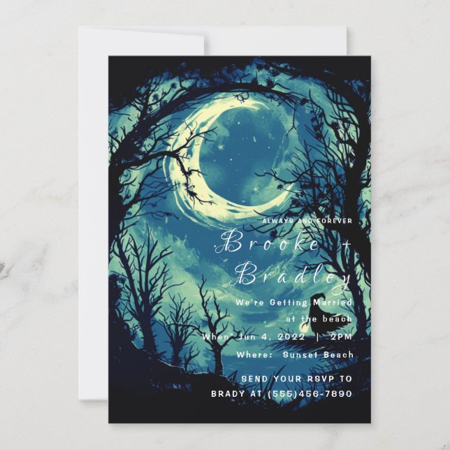 Invitation Mariage gothique bleu-vert au clair de lune (Devant)