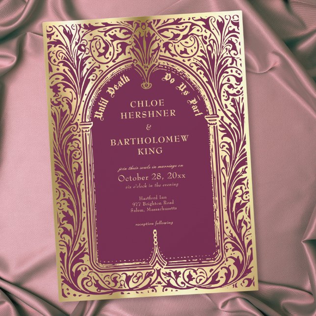 Invitation Mariage gothique Bourgogne or médiéval jusqu'à la  (Gothic Burgundy Gold Medieval Until Death Wedding Invitation)