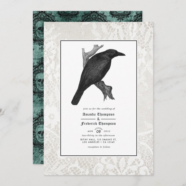 Invitation Mariage gothique corbeau et dentelle (Devant / Derrière)