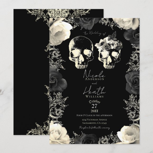 Invitation Mariage gothique crâne de squelette gris crème noi (Devant / Derrière)