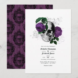 Invitation Mariage gothique crâne floral pourpre