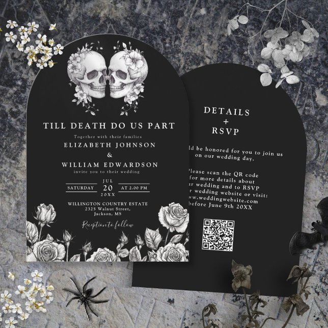 Invitation Mariage gothique crâne QR Code jusqu'à ce que la m (All In One Till Death Gothic Skull QR Code Wedding Invitation)