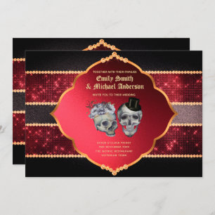 Invitation Mariage gothique Crânes d'or gris-rouge profond