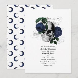 Invitation Mariage gothique crânien floral bleu marine