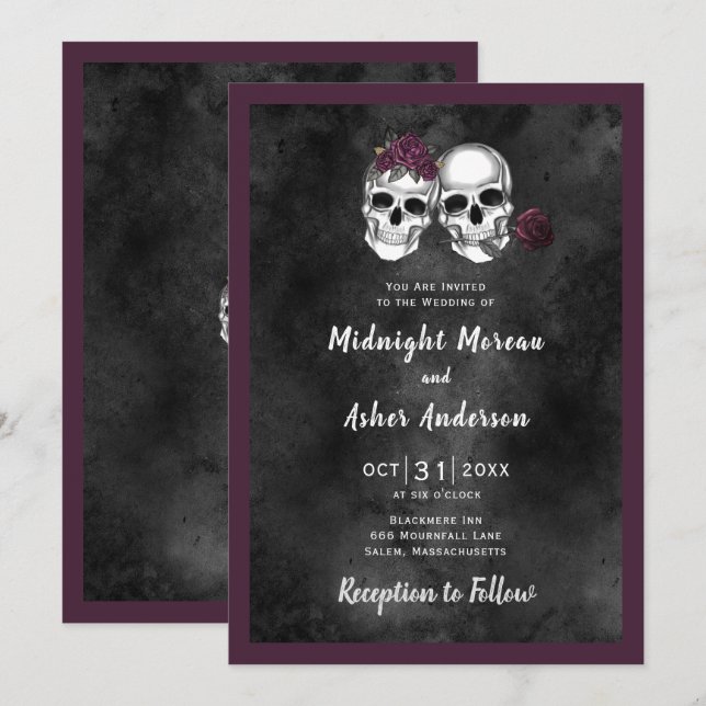 Invitation Mariage gothique de couple de crânes de squelette  (Devant / Derrière)
