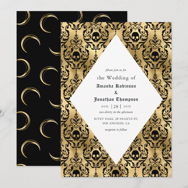 Invitation Mariage gothique de damas d'Halloween noir et or (Devant / Derrière)