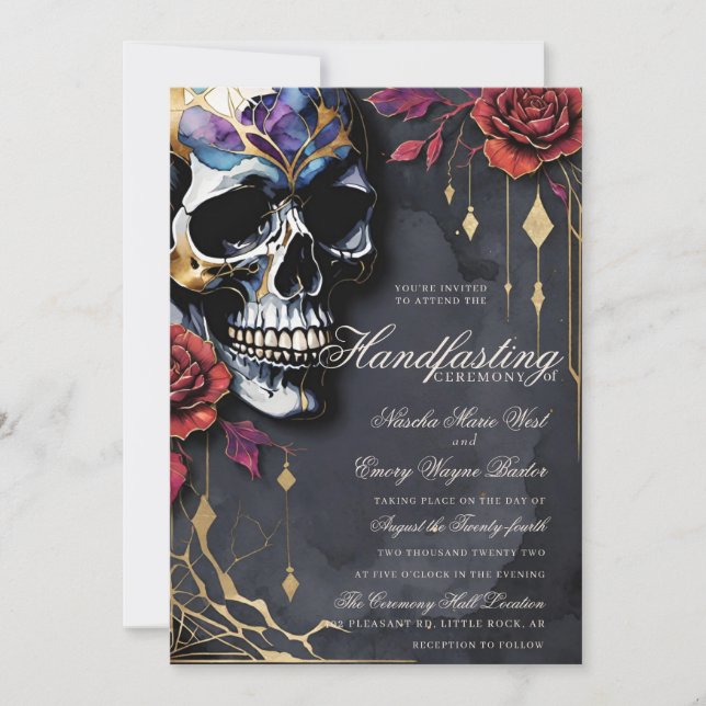 Invitation Mariage gothique de Halloween avec crâne et roses  (Devant)