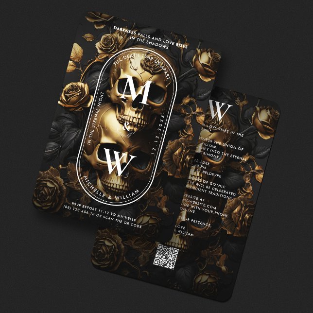 Invitation Mariage gothique de luxe Black Gold Rose crâne (Luxury Gothic Wedding Black Gold Skull Roses Invitation
)