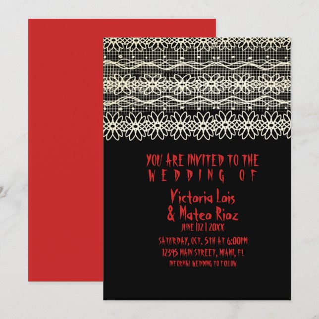 Invitation Mariage gothique  dentelle  rouge noir      Invita (Devant / Derrière)
