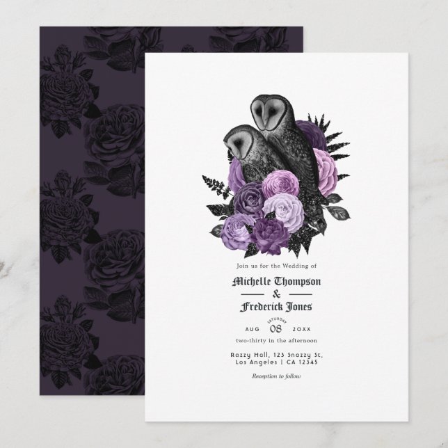 Invitation Mariage gothique des hiboux de luxe violet (Devant / Derrière)