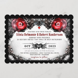 Invitation Mariage gothique des roses rouges et des araignées