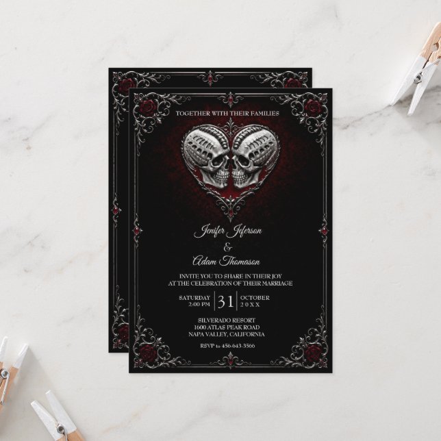 Invitation Mariage gothique d'Halloween squelettique (Devant/Arrière en situation)