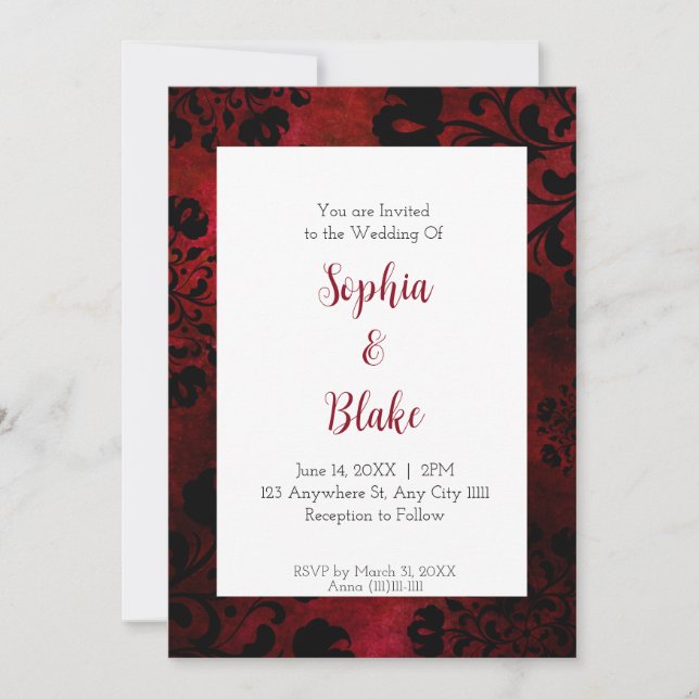 Invitation Mariage gothique dramatique noir et rouge (Devant)