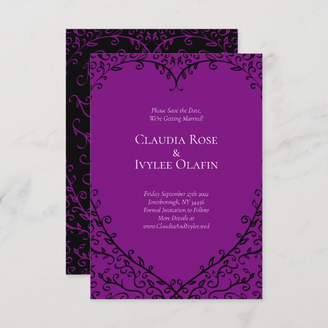 Invitation Mariage gothique du coeur mauve et noir Sauvez la  (Devant / Derrière)