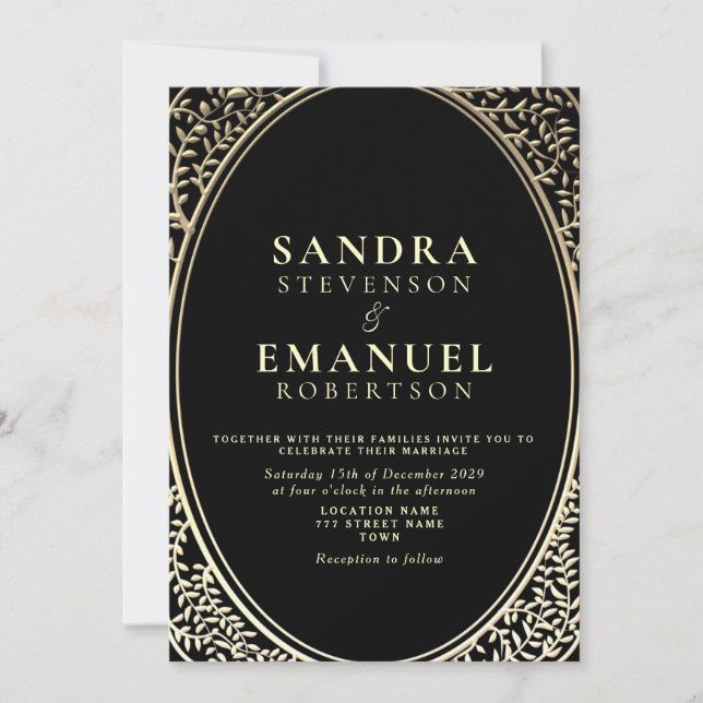 Invitation Mariage gothique élégant noir et or (Devant)