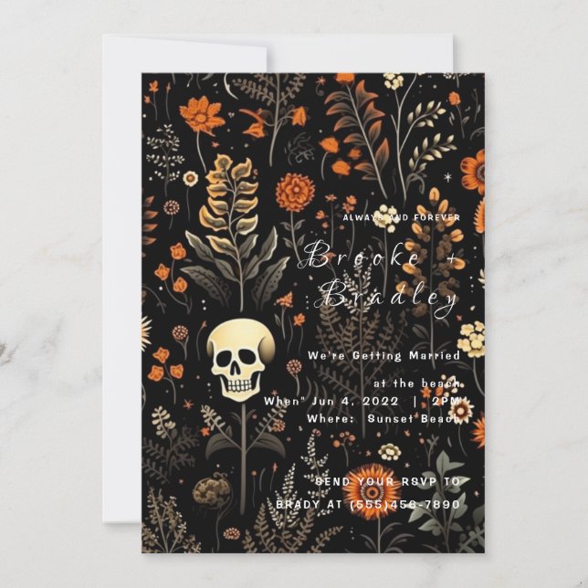 Invitation Mariage Gothique Fleur Skull (Devant)