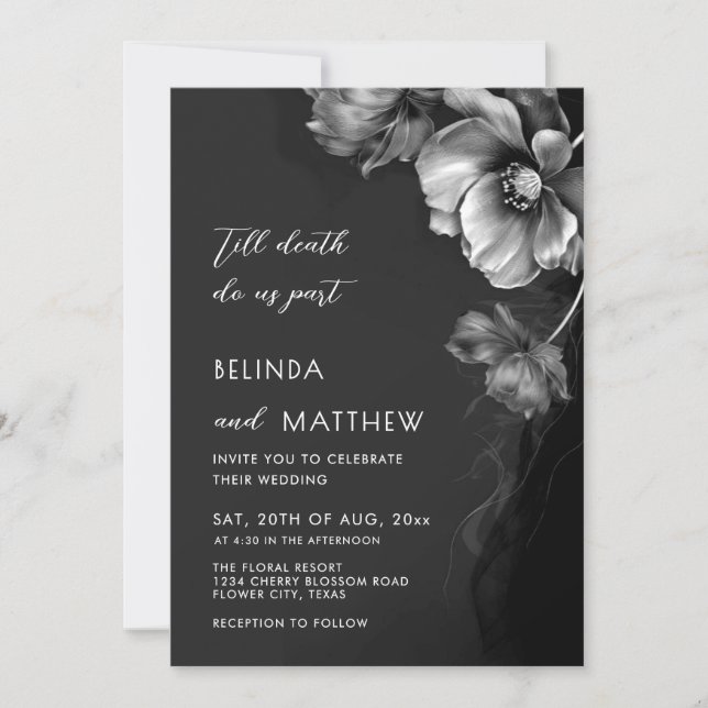 Invitation Mariage gothique Fleurs Noir Blanc et Argentées  (Devant)