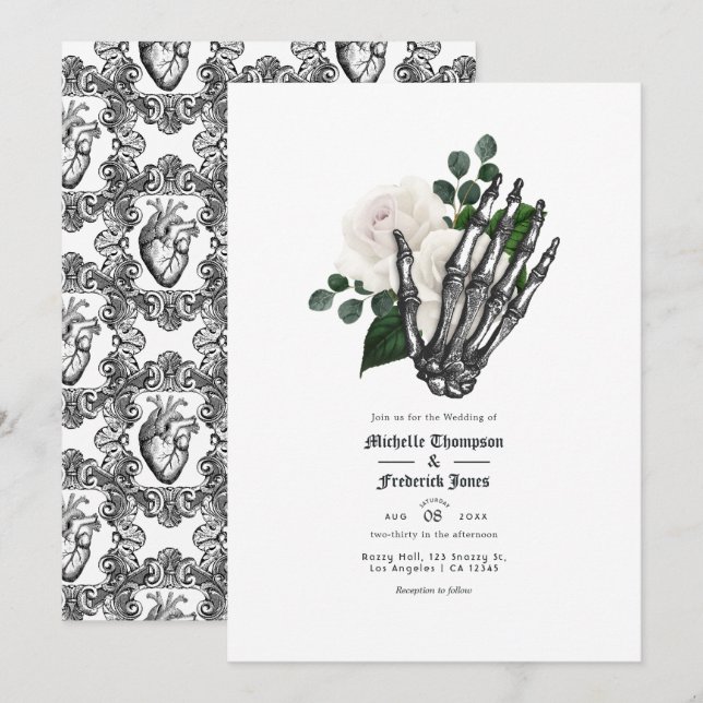 Invitation Mariage gothique floral blanc (Devant / Derrière)